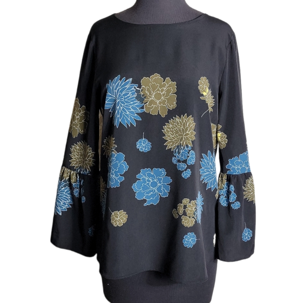 Apt. 9 women's medium black floral bell sleeve blouse blue tan print top